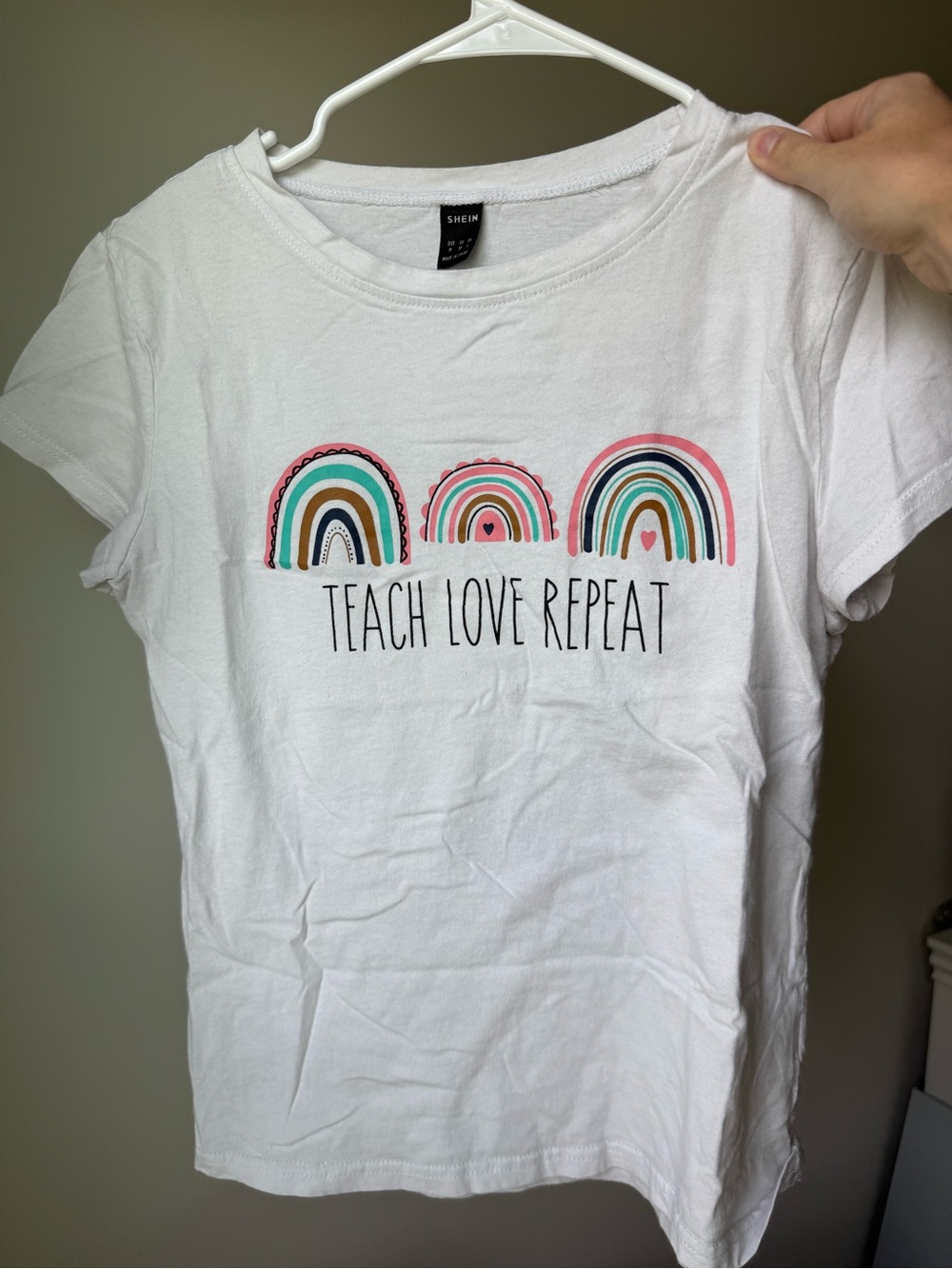 Shein 'Teach Love Repeat' White Rainbow Graphic Tee